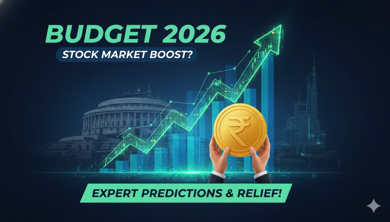 बजट 2026 की उम्मीदों से जुड़ा शेयर बाजार ग्राफ और फाइनेंस मिनिस्टर की इमेज।