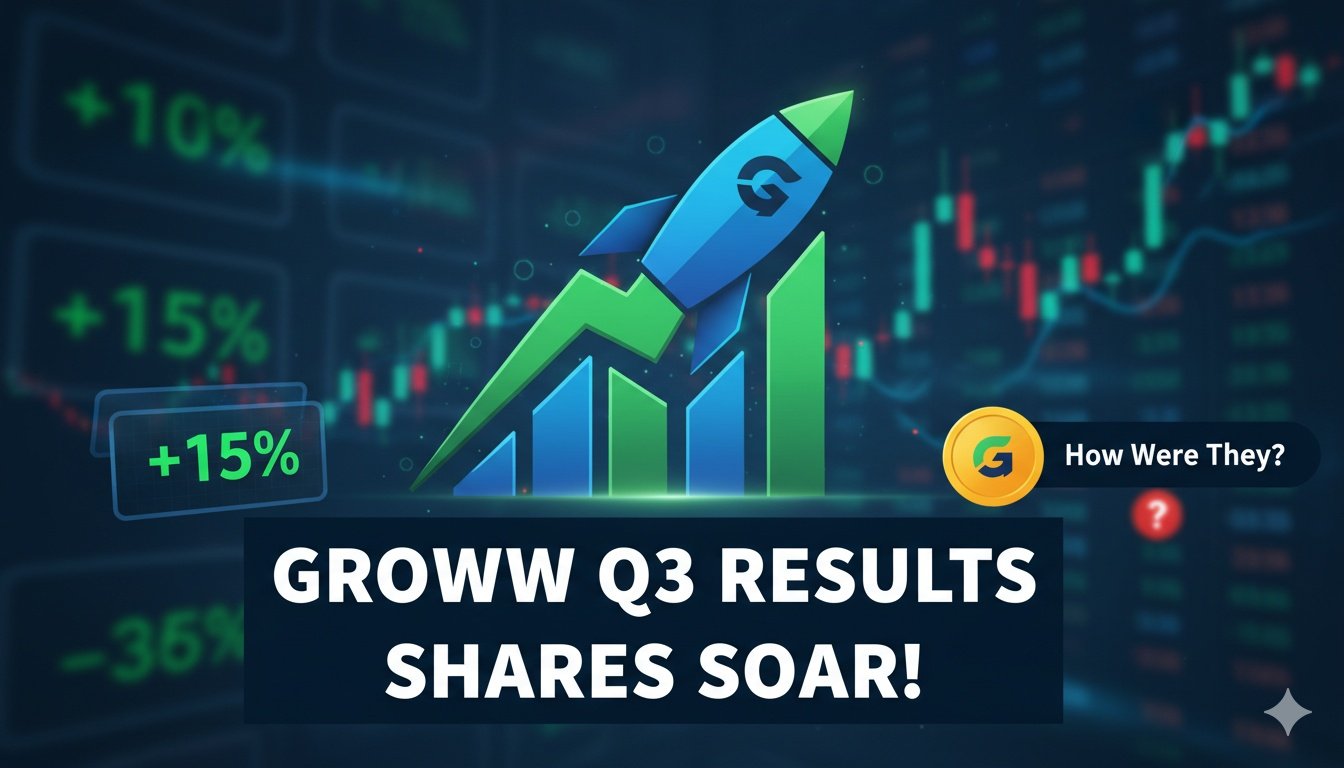 Groww ऐप का लोगो और फाइनेंशियल चार्ट्स दिखाते हुए ग्राफिक