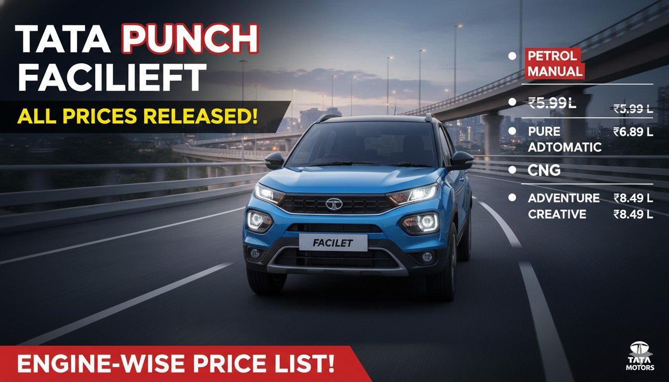 टाटा पंच फेसलिफ्ट की फ्रंट व्यू इमेज, नए ग्रिल और हेडलाइट्स के साथ।