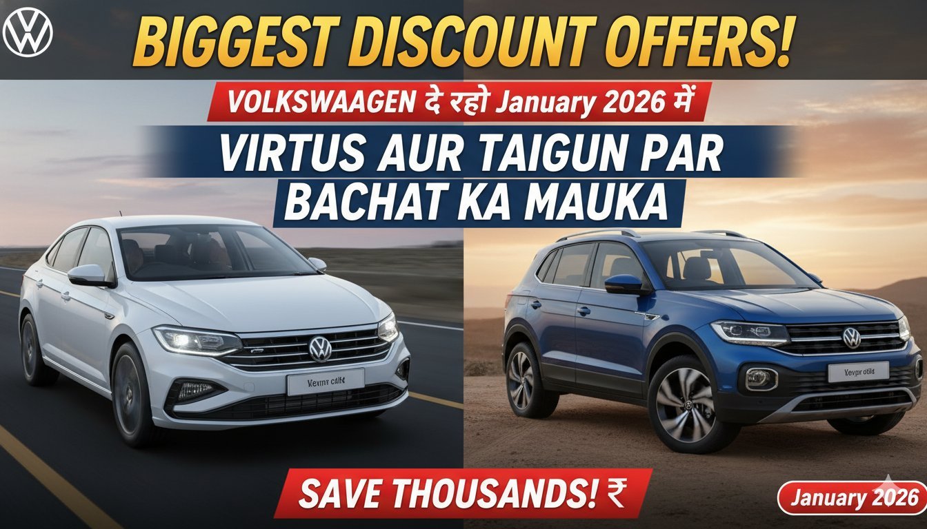 Volkswagen Virtus और Taigun कारें पार्किंग में खड़ी, सामने बड़ा डिस्काउंट बैज के साथ