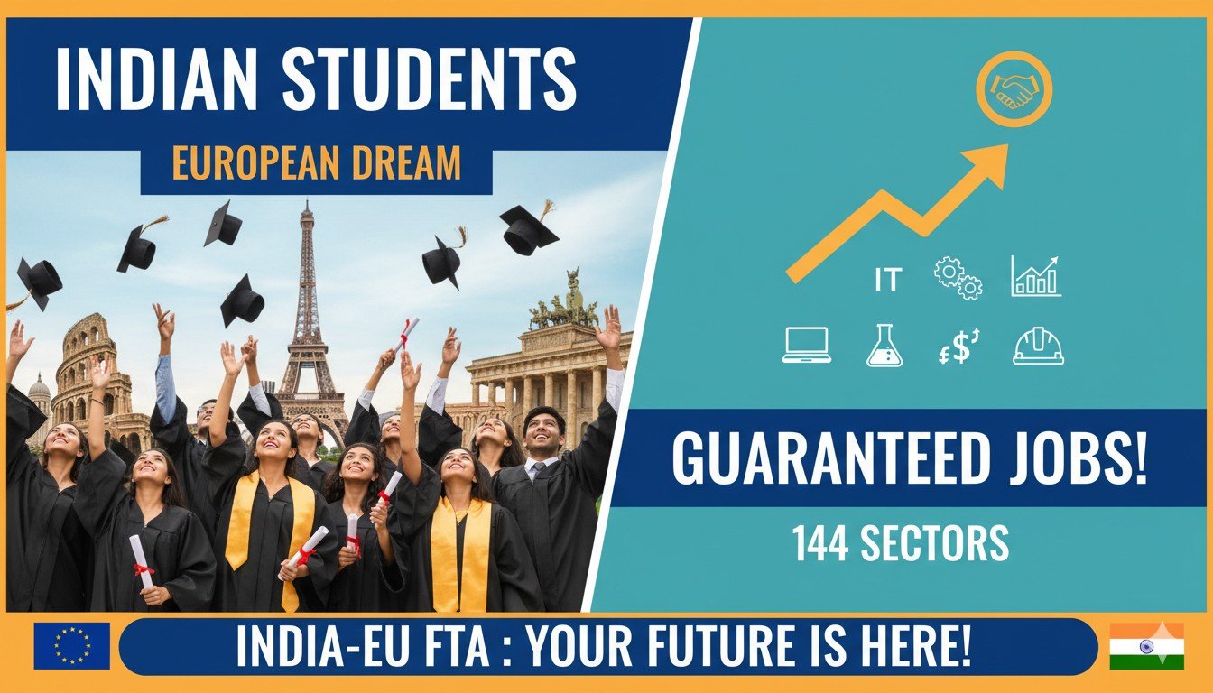 भारतीय छात्र यूरोपियन यूनिवर्सिटी में डिग्री लेते हुए, बैकग्राउंड में ईयू फ्लैग और जॉब ऑफर्स।