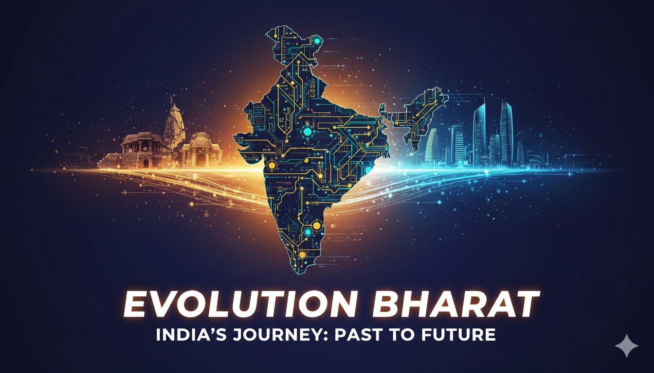 भारत का आर्थिक और रक्षा विकास दिखाता ग्राफिक, Viksit Bharat 2047 का प्रतीक