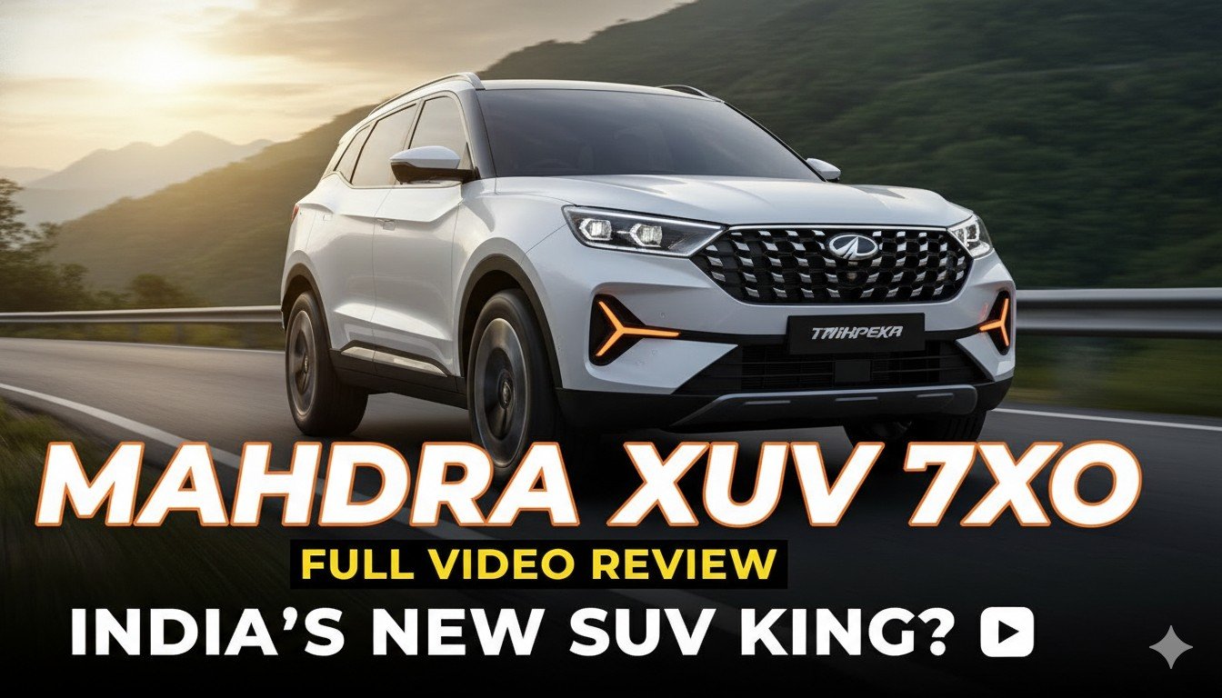 महिंद्रा XUV 7XO का फ्रंट व्यू, नई LED DRLs और ग्रिल के साथ रोड पर खड़ी रेड कलर की SUV