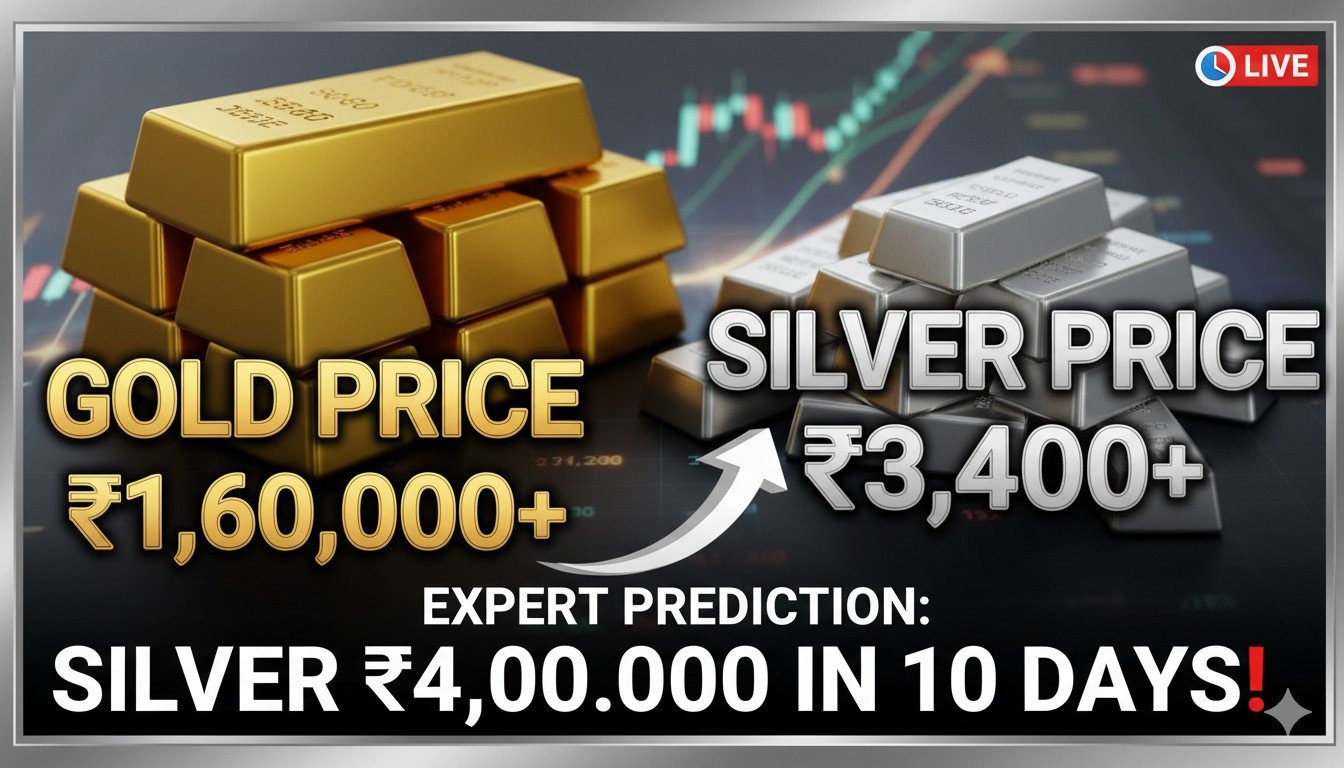 सोने और चांदी के सिक्कों और बार्स की चमकदार इमेज, बाजार चार्ट के साथ