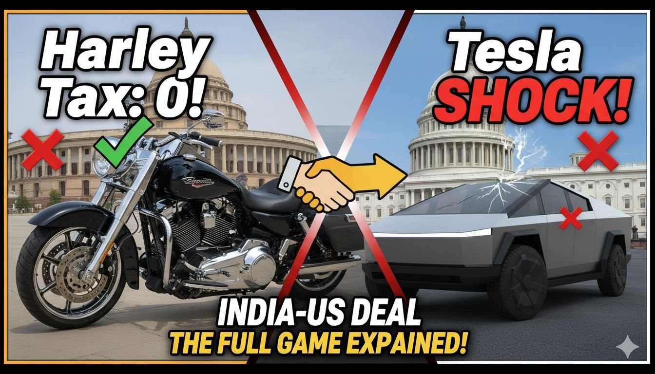 Harley-Davidson motorcycle and Tesla car with India-US flags in background