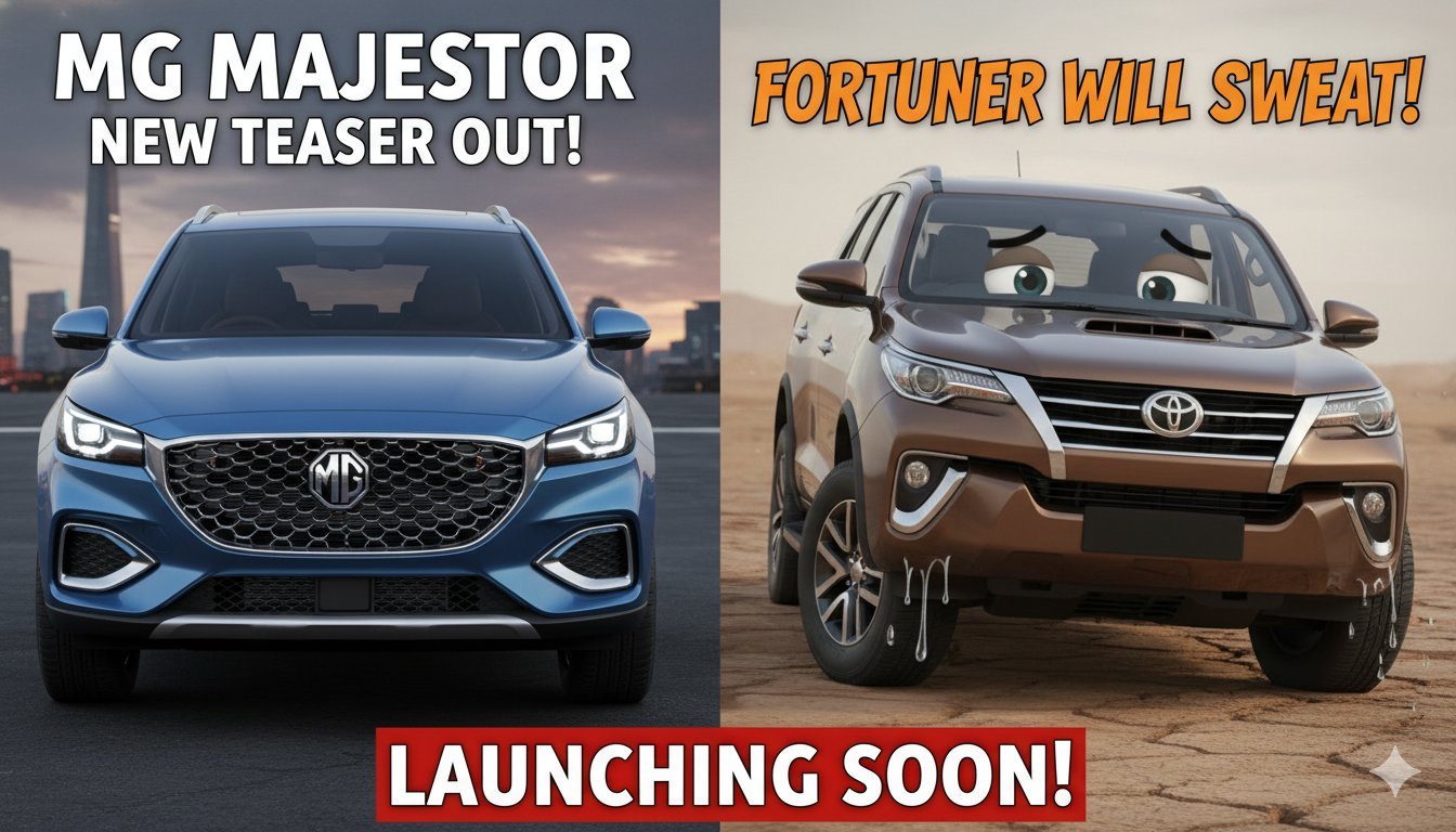 MG Majestor SUV front teaser with majestic grille and LED headlights.