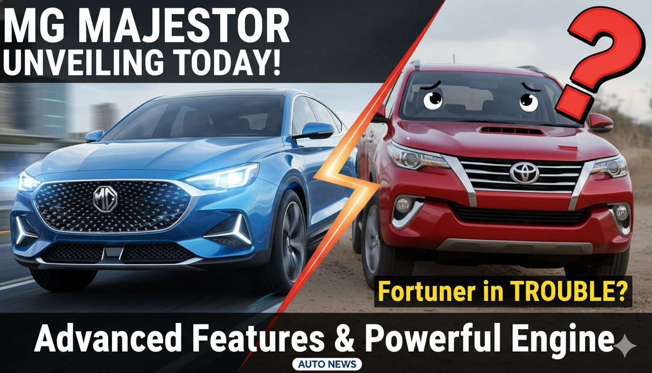 MG Majestor SUV front view with bold grille and LED headlights, new flagship full-size SUV launched in India