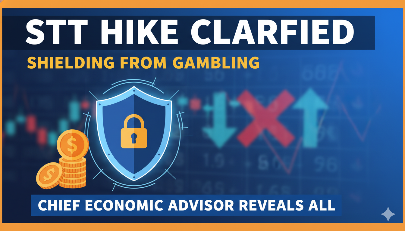 भारतीय बजट दस्तावेज के साथ स्टॉक मार्केट ग्राफ दिखाता हुआ इमेज, जहां STT बढ़ोतरी हाइलाइटेड है।