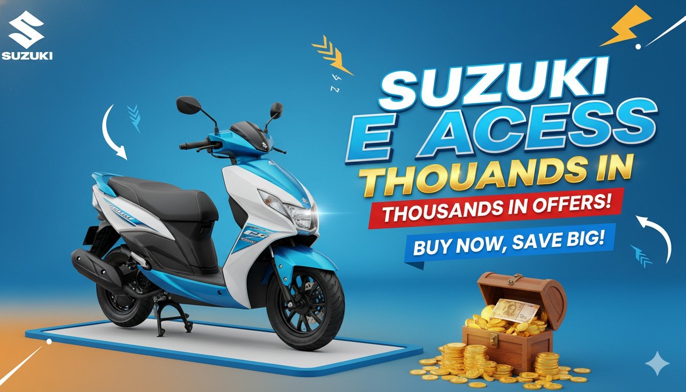 Suzuki e-Access इलेक्ट्रिक स्कूटर नए ऑफर्स के साथ, जिसमें ₹19,800 तक के लाभ दिखाए गए हैं