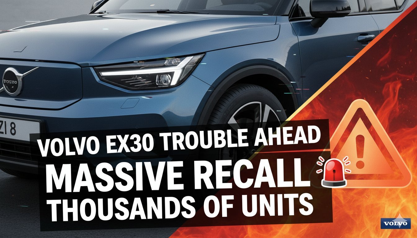 Volvo EX30 इलेक्ट्रिक SUV का फ्रंट व्यू, बैटरी रिकॉल अलर्ट के साथ