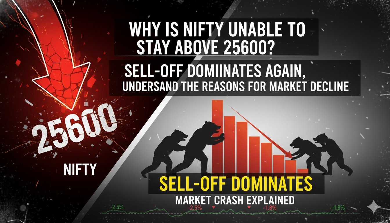 निफ्टी 50 इंडेक्स चार्ट दिखाता हुआ जिसमें 25600 स्तर पर रेजिस्टेंस और गिरावट का दबाव दर्शाया गया है
