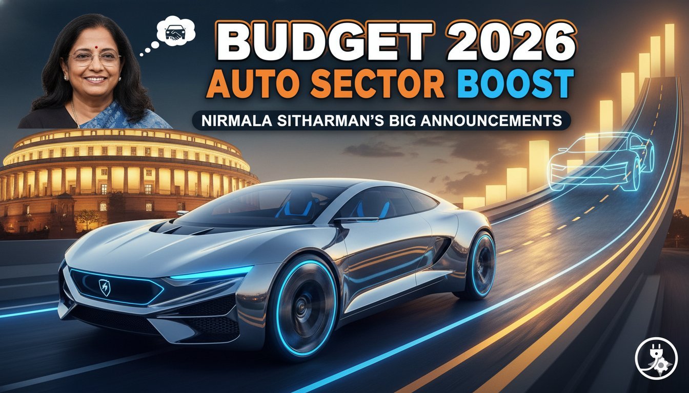 केंद्रीय वित्त मंत्री निर्मला सीतारमण बजट 2026 पेश करती हुईं, ऑटोमोबाइल सेक्टर की EV कारों के साथ बैकग्राउंड