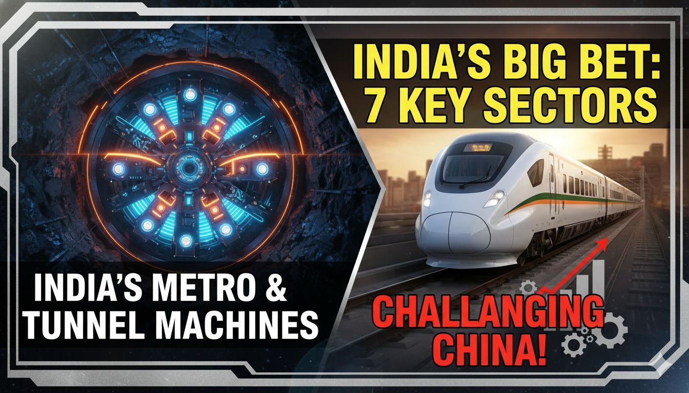 वित्त मंत्री निर्मला सीतारमण बजट पेश करती हुईं, पृष्ठभूमि में इंफ्रास्ट्रक्चर और मैन्युफैक्चरिंग सिंबल्स