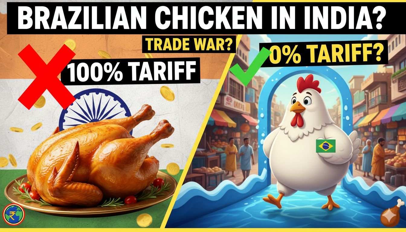 ब्राजील से आयात होने वाला फ्रेश चिकन मांस पैकेट्स और भारत का पोल्ट्री मार्केट बैकग्राउंड में