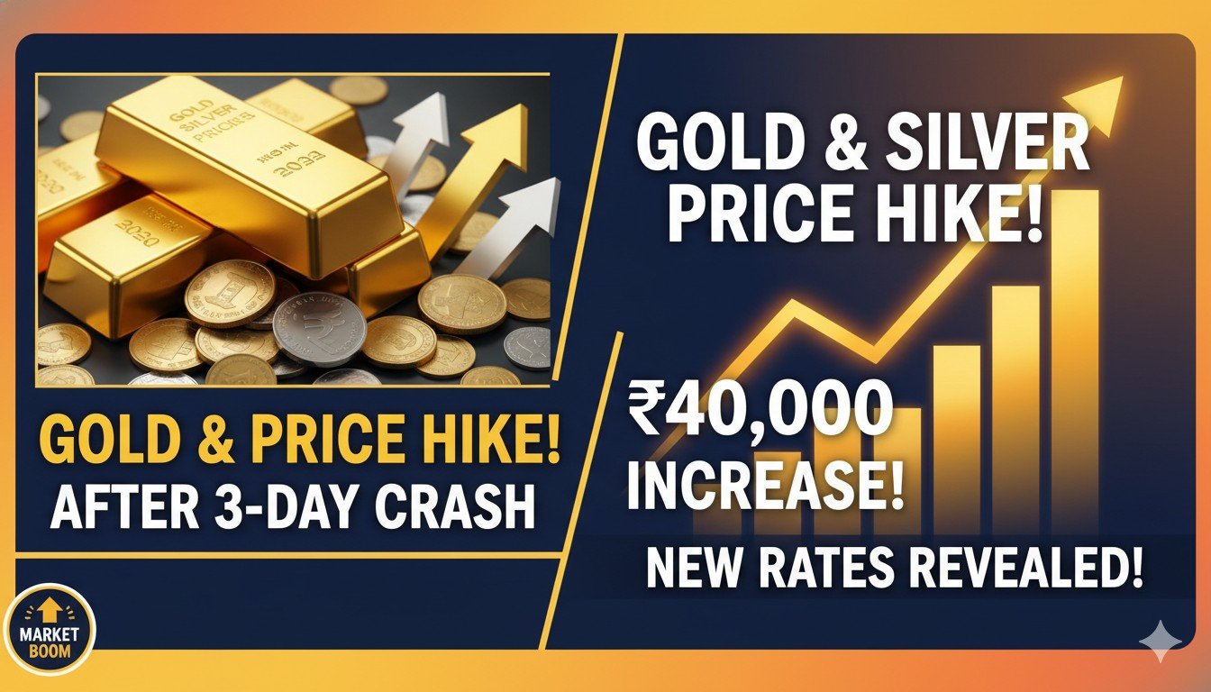 सोने और चांदी की चमकदार सिक्कों और बार्स की तस्वीर, कीमतों में उछाल दर्शाती हुई।