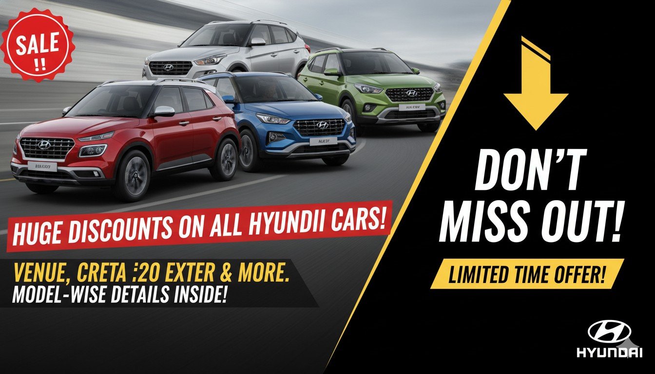 हुंडई कारों पर फरवरी 2026 की बंपर छूट दिखाती इमेज, जिसमें वेन्यू, क्रेटा, i20 और एक्सटर मॉडल्स