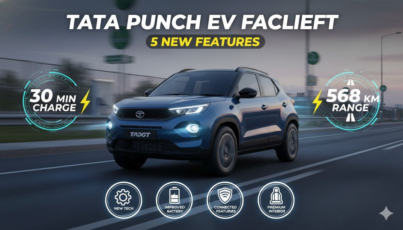 Tata Punch EV Facelift 2026 मॉडल फ्रंट व्यू दिखाता हुआ, जिसमें नई LED लाइट्स और मॉडर्न डिजाइन है