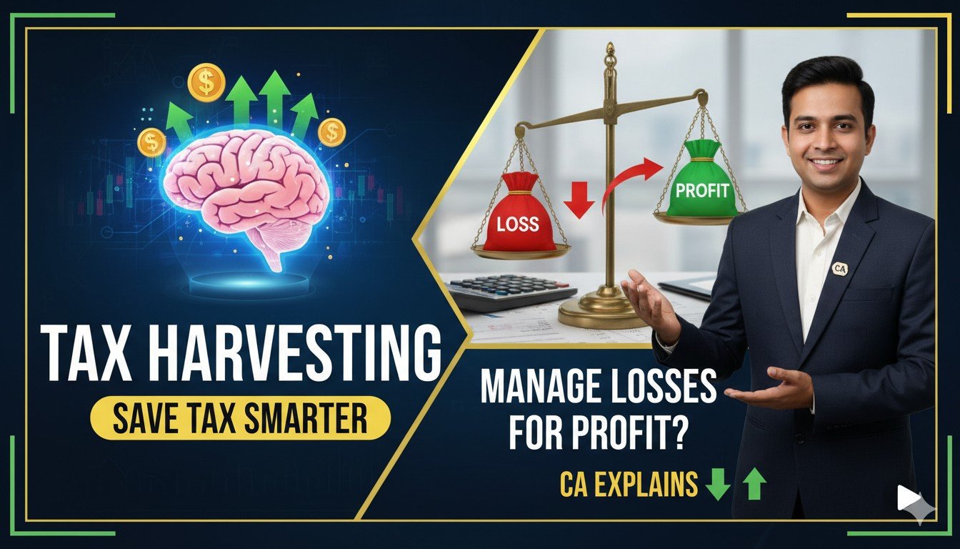 टैक्स हार्वेस्टिंग रणनीति से घाटे को टैक्स बचत में बदलते भारतीय निवेशक का ग्राफिकल इलस्ट्रेशन
