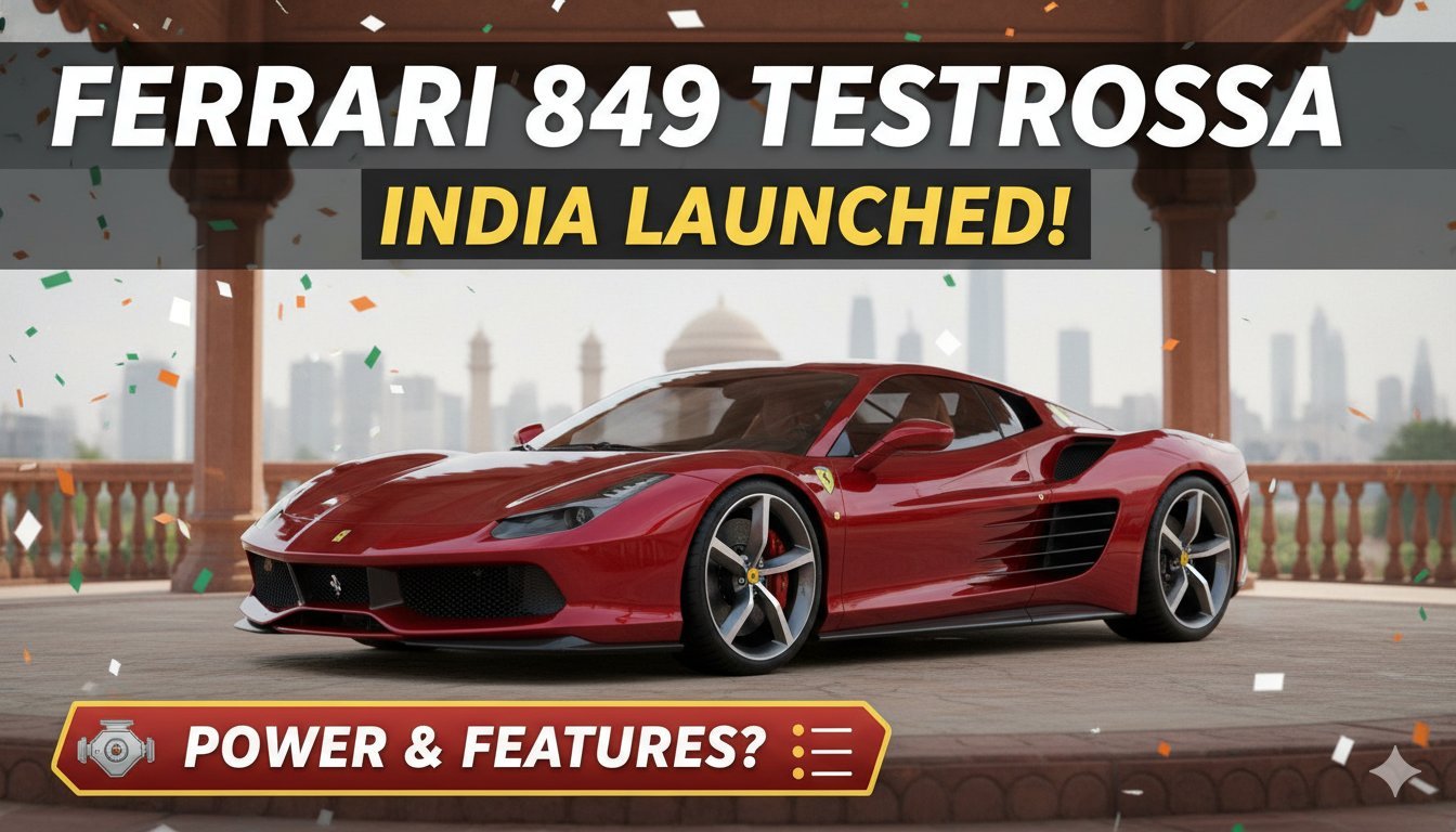 फरारी 849 टेस्टारोसा सुपरकार भारत में लॉन्च, रेड कलर में फ्रंट व्यू दिखाता हुआ