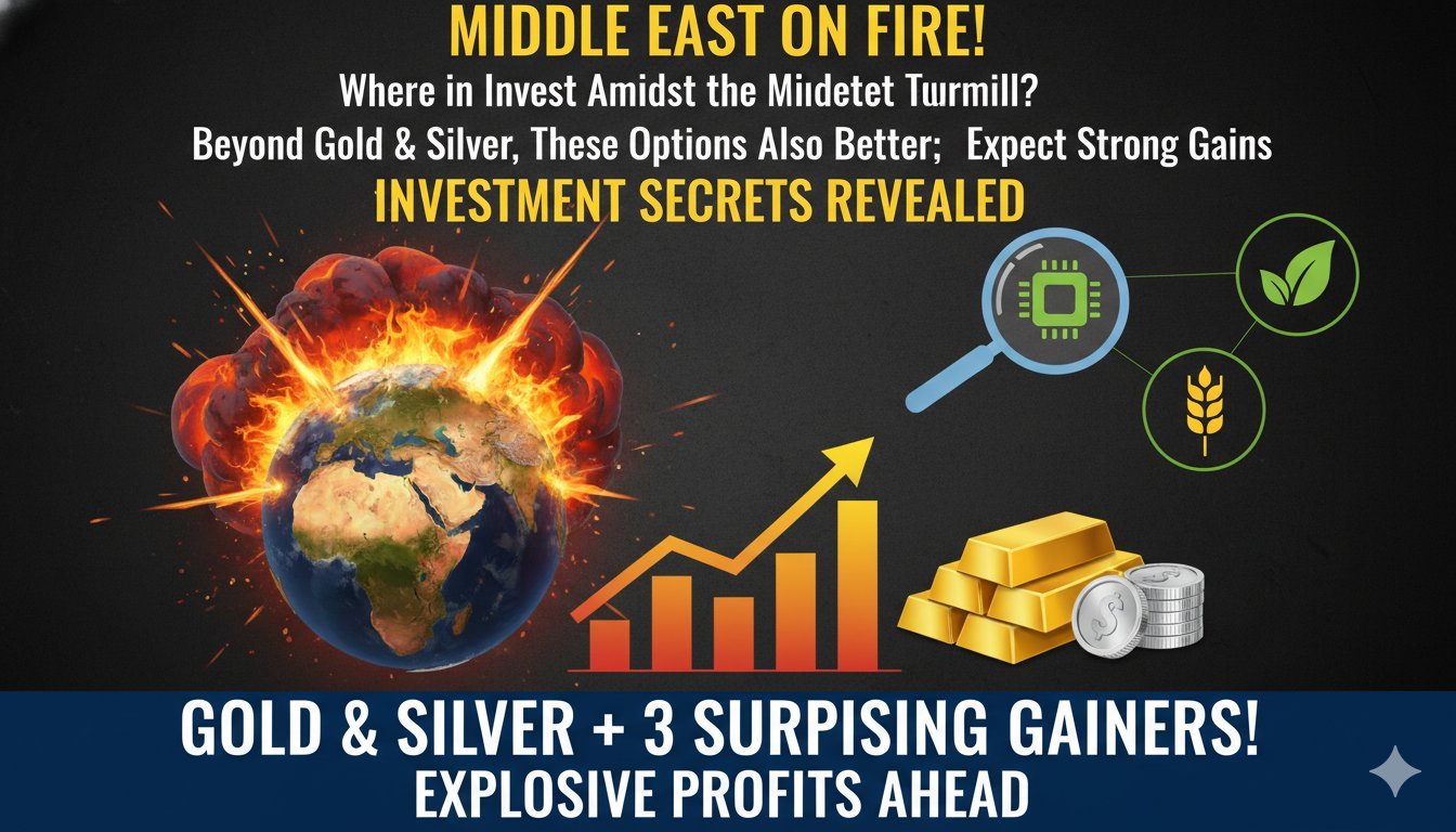 मध्य पूर्व युद्ध के बीच सोना, चांदी और डिफेंस स्टॉक्स में निवेश के विकल्प दिखाते ग्राफ और मैप