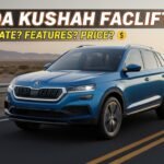 स्कोडा कुशाक फेसलिफ्ट 2026 का फ्रंट व्यू दिखाता हुआ, नया ग्रिल और LED हेडलाइट्स के साथ