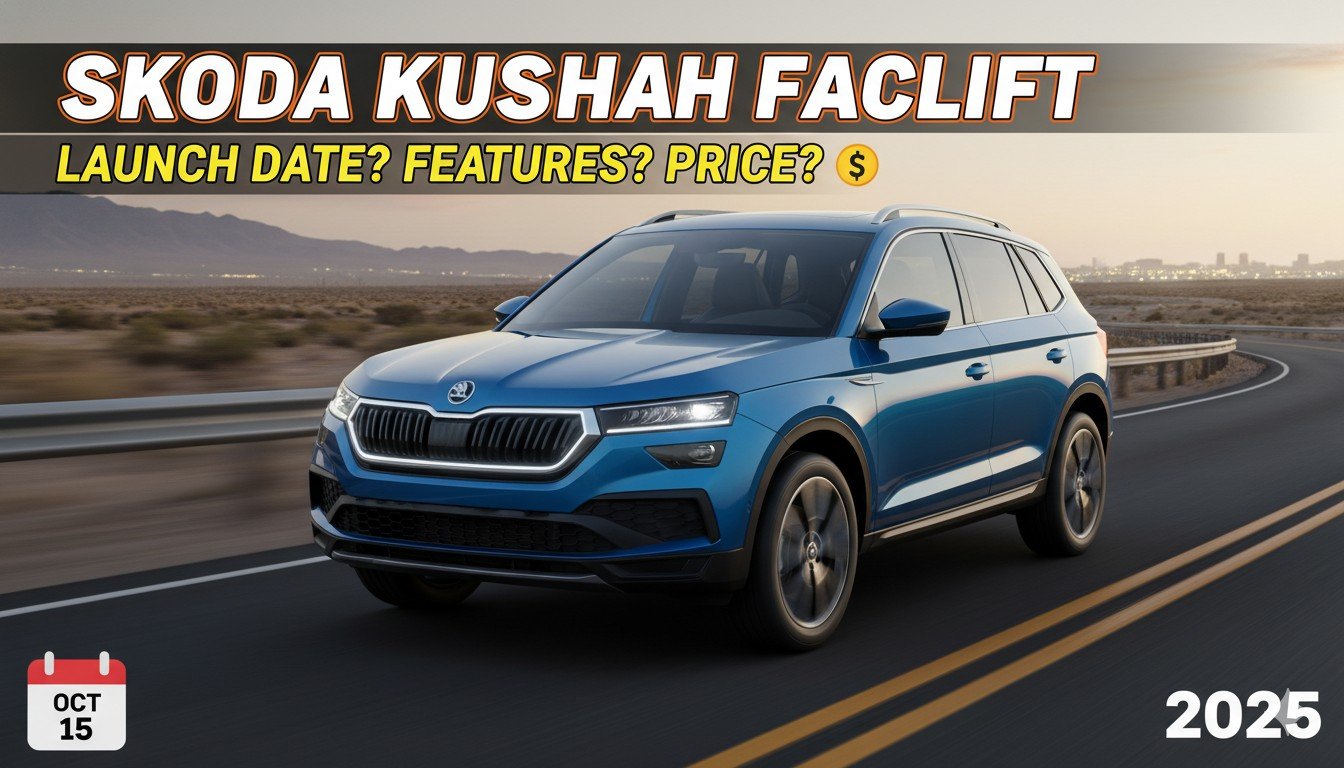 स्कोडा कुशाक फेसलिफ्ट 2026 का फ्रंट व्यू दिखाता हुआ, नया ग्रिल और LED हेडलाइट्स के साथ